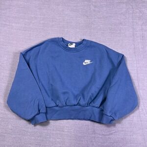Nike Girls Blue Sportswear Club Fleece Boxy Swoosh Crew-Neck Sweatshirt Size‎ S